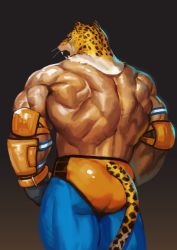 Rule 34 | 1boy, absurdres, ass, bara, bodysuit, brown background, elbow pads, feet out of frame, gauntlets, gloves, highres, king (tekken), looking to the side, male focus, manly, mask, mature male, muscular, muscular male, pants, simple background, solo, tail, tekken, thick arms, thick thighs, thighs, tiger mask (object), tiger tail, tight clothes, traver009