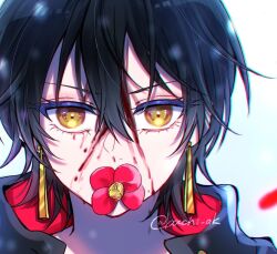 Rule 34 | 1girl, black hair, blood, blood on face, close-up, commentary request, earrings, flower, flower in mouth, hair between eyes, hiyuki (kagurabachi), jewelry, kagurabachi, looking back, petals, red flower, short hair, solo, twitter username, yellow eyes, yuzuriha