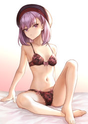 Rule 34 | 1girl, arm support, bare arms, bare legs, bare shoulders, barefoot, bed, bed sheet, black hat, blush, bow, bow bra, bow panties, bra, breasts, cleavage, collarbone, commentary request, fate/grand order, fate (series), feet, floral print, gradient background, groin, hat, head tilt, helena blavatsky (fate), highres, hip focus, knee up, lace, lace-trimmed panties, lace trim, leg up, legs, lingerie, looking at viewer, mashuu (neko no oyashiro), navel, on bed, panties, purple bra, purple eyes, purple hair, purple panties, rose print, short hair, signature, sitting, small breasts, solo, spread legs, stomach, thighs, toes, twitter username, underwear, underwear only