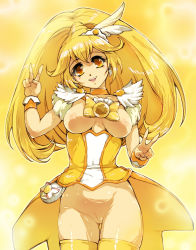 Rule 34 | 10s, 1girl, adapted costume, blonde hair, bow, breasts, breasts out, cleft of venus, cure peace, double v, eyelashes, hair flaps, hisahiko, kise yayoi, large breasts, long hair, nipples, ponytail, precure, pussy, revealing clothes, smile precure!, solo, thighhighs, uncensored, v, wide ponytail, yellow background, yellow bow, yellow eyes, yellow theme, yellow thighhighs