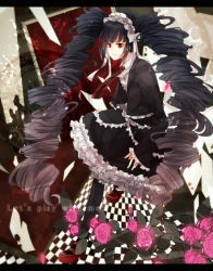 Rule 34 | 10s, 1girl, black hair, card, celestia ludenberg, checkered floor, danganronpa: trigger happy havoc, danganronpa (series), dress, drill hair, floor, flower, gothic lolita, hairband, letterboxed, lolita fashion, lolita hairband, long hair, pantyhose, playing card, red eyes, rose, solo, twin drills, twintails, very long hair, zabebe
