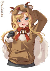 Rule 34 | 1girl, abukuma (kancolle), alternate costume, animal costume, antlers, arm behind head, black hair, blonde hair, blue eyes, blush, christmas ornaments, ebifurya, gloves, highres, holding, holding sack, horns, kantai collection, long hair, long sleeves, looking at viewer, one-hour drawing challenge, open mouth, reindeer costume, sack, simple background, smile, solo, white background