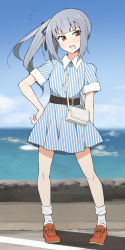 Rule 34 | 1girl, alternate costume, back, belt, blue dress, blue sky, blush, casual, collared dress, day, dress, full body, graphite (medium), grey hair, hair ribbon, hand on own hip, highres, kantai collection, kasumi (kancolle), long hair, looking at viewer, mechanical pencil, nel-c, ocean, open mouth, pencil, ribbon, road, shadow, shoes, short sleeves, side ponytail, sky, socks, traditional media, water, white socks, yellow eyes