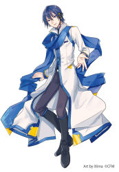 Rule 34 | 1boy, arm support, asymmetrical hair, belt, black footwear, black shirt, blue eyes, blue hair, blue scarf, blue theme, boots, coat, full body, grey pants, headset, ixima, kaito (vocaloid), kaito (vocaloid3), long coat, looking at viewer, lying, male focus, nail polish, official art, pants, reaching, reaching towards viewer, scarf, shirt, short hair, smile, turtleneck, vocaloid, white background, white coat, zipper