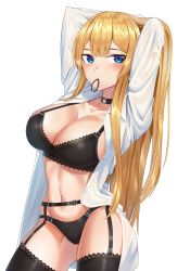 Rule 34 | 1girl, absurdres, arms up, black bra, black legwear, black panties, blonde hair, blue eyes, blush, bra, breasts, cleavage, collarbone, garter belt, goback, hair tie, hair tie in mouth, highres, holding, holding own hair, large breasts, long hair, looking at viewer, mouth hold, navel, open clothes, original, panties, panties over garter belt, simple background, solo, stomach, thighs, tying hair, underwear, white background