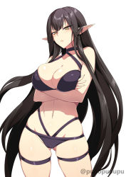 Rule 34 | 1girl, bare shoulders, bikini, black bikini, black hair, blush, breasts, cleavage, closed mouth, crossed arms, elf, fate/apocrypha, fate (series), hair between eyes, halterneck, highres, large breasts, long hair, looking at viewer, navel, pointy ears, puuzaki puuna, semiramis (fate), sidelocks, simple background, solo, swimsuit, thigh strap, thighs, very long hair, white background, yellow eyes
