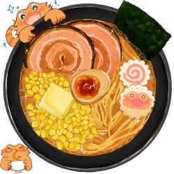 Rule 34 | animal, blush stickers, bowl, butter, closed eyes, commentary request, eating, egg, food, food focus, gorugon01, highres, kamaboko, kelp, lizard, looking at object, meat, narutomaki, no humans, noodles, original, ramen, reptile, smile, sparkle, white background