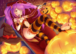 Rule 34 | 1girl, ;d, absurdres, ahoge, babydoll, barefoot, blush, braid, breasts, brown eyes, bucket, candy, candy cane, candy hair ornament, coffin, feet, food, food-themed hair ornament, frilled thighhighs, frills, hair ornament, halloween, hat, highres, holding, holding food, jack-o&#039;-lantern, jewelry, lollipop, looking at viewer, lying, navel, on back, one eye closed, open mouth, original, purple hair, ring, small breasts, smile, soles, solo, stirrup legwear, striped clothes, striped thighhighs, swirl lollipop, thighhighs, toeless legwear, toes, twin braids, twintails, unworn hat, unworn headwear, witch hat, wrapped candy, wrist cuffs, yuunagi (0217)