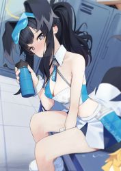 Rule 34 | 1girl, animal ears, arm between legs, bikini, bikini top only, black hair, blue archive, blush, breasts, bright pupils, cheerleader, cleavage, dog ears, extra ears, full-face blush, goggles, goggles on head, halo, hibiki (blue archive), hibiki (cheer squad) (blue archive), highres, locker, locker room, looking at viewer, medium breasts, millennium cheerleader outfit (blue archive), miniskirt, official alternate costume, ponytail, sitting, skirt, solo, star sticker, sticker on face, sweatdrop, swimsuit, syhan, tile floor, tiles, two-tone bikini