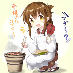 Rule 34 | 10s, 1girl, alternate costume, apron, bell (oppore coppore), chopsticks, commentary request, cooking, fish, grill, grilling, hand fan, highres, inazuma (kancolle), jewelry, kantai collection, kappougi, paper fan, plate, ring, sandals, saury, shichirin, smoke, solo, squatting, translated, uchiwa, wedding band