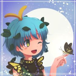 Rule 34 | 1girl, animal, antennae, aqua hair, blush stickers, bug, butterfly, dress, eternity larva, fairy, green dress, insect, kanno fumiroku, leaf, leaf on head, multicolored clothes, multicolored dress, one eye closed, open mouth, portrait, short hair, single strap, smile, solo, touhou, yellow eyes