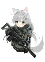 Rule 34 | 1girl, animal ears, assault rifle, bandage on face, bandages, cat ears, cat girl, cat tail, fangs, flashlight, gloves, green eyes, grey hair, gun, hara shoutarou, highres, hood, jacket, long hair, open mouth, original, patch, rifle, smile, solo, suppressor, tail, weapon, white background