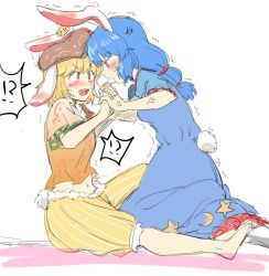 Rule 34 | !?, 2girls, anger vein, animal ears, blonde hair, blouse, blue hair, blush, crescent, crescent moon, dango, dress, ear blush, face-to-face, floppy ears, food, hat, interlocked fingers, mana (gooney), midriff, moon, moon print, mouth hold, multiple girls, navel, open mouth, own hands clasped, own hands together, pants, ponytail, rabbit ears, rabbit tail, red eyes, ringo (touhou), scrunchie, seiran (touhou), shirt, short hair, sitting, sketch, star (symbol), star print, struggling, sweatdrop, tail, touhou, trembling, wagashi, yuri