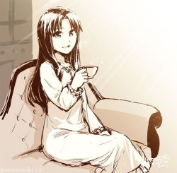 Rule 34 | 1girl, blue eyes, couch, cup, fate/stay night, fate (series), greyscale, hair down, holding, looking at viewer, monochrome, sitting, smile, solo, teacup, tohsaka rin, toyoyuki