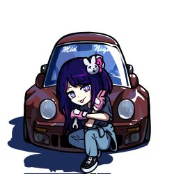 Rule 34 | + +, 1girl, black shirt, blue pants, car, commentary, corrupted twitter file, duz, english commentary, gloves, hair ornament, highres, holding, holding wrench, hoshino ai (oshi no ko), looking at viewer, midnight club (street racing), motor vehicle, oshi no ko, pants, pink gloves, porsche 911, porsche 930, purple eyes, purple hair, rabbit hair ornament, shadow, shirt, simple background, smile, solo, sports car, squatting, tongue, tongue out, white background, wrench