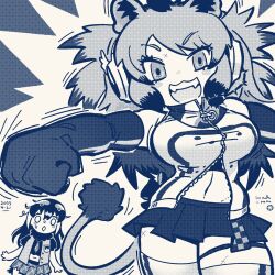 Rule 34 | 2girls, :d, african penguin (kemono friends), animal ears, arms up, bird tail, blush stickers, breasts, cape lion (kemono friends), chibi, cosplay, costume switch, cowboy shot, cropped shirt, dated, elbow gloves, fangs, gloves, headphones, highres, inada roku, jacket, kemono friends, kemono friends 3, large breasts, lion ears, lion girl, lion tail, long hair, looking at another, looking at viewer, medium breasts, microskirt, midriff, monochrome, multicolored hair, multiple girls, navel, nervous, open clothes, open mouth, open vest, outstretched arm, partially unzipped, penguin tail, scar, scar on face, scar on leg, short sleeves, skirt, sleeveless, sleeveless jacket, smile, stomach, sweat, swept bangs, tail, thighhighs, undersized clothes, very long hair, vest, zettai ryouiki, zipper, zipper pull tab