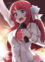 Rule 34 | 10s, 1girl, :d, absurdres, arm up, blue bow, blue eyes, blush, bow, breasts, commentary request, hair bow, highres, holding, holding microphone, jacket, kapatarou, long hair, long sleeves, medium breasts, microphone, minamoto sakura, open mouth, pink bow, polka dot, polka dot bow, red hair, smile, solo, thick eyebrows, twitter username, upper body, very long hair, white jacket, zombie land saga