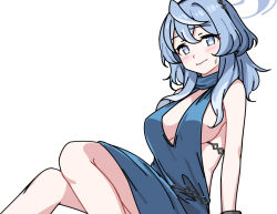 Rule 34 | 1girl, ako (blue archive), ako (dress) (blue archive), backless dress, backless outfit, bare arms, bare legs, blue archive, blue dress, blue eyes, blue hair, blush, breasts, dress, hair between eyes, halo, large breasts, long hair, looking at viewer, no bra, official alternate costume, plunging neckline, saiste, sideboob, sideless dress, simple background, sitting, sleeveless, sleeveless dress, solo, sweatdrop, white background