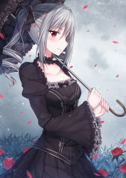 Rule 34 | 10s, 1girl, black bow, black dress, black umbrella, blush, bow, breasts, choker, closed mouth, cloud, cloudy sky, collarbone, cowboy shot, dress, drill hair, eyebrows, field, fingernails, floral print, flower, flower field, frilled choker, frilled dress, frilled sleeves, frilled umbrella, frills, from side, grass, hair between eyes, hair bow, hair intakes, hair ribbon, highres, holding, holding umbrella, idolmaster, idolmaster cinderella girls, juliet sleeves, kanzaki ranko, lace, lace-trimmed bow, lace trim, lolita fashion, long hair, long sleeves, looking at viewer, looking to the side, luzi, motion blur, nail polish, outdoors, petals, pink nails, plant, puffy sleeves, red eyes, ribbon, rose petals, silver hair, sky, smile, solo, twin drills, twintails, umbrella, wide sleeves