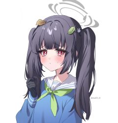 Rule 34 | 1girl, absurdres, alternate hairstyle, black gloves, black hair, blue archive, blue shirt, blunt bangs, blush, bright pupils, closed mouth, commentary request, furrowed brow, gloves, green neckerchief, grey halo, halo, hand up, highres, leaf, leaf on head, long hair, long sleeves, miyu (blue archive), neckerchief, red eyes, sailor collar, school uniform, serafuku, shirt, shy, simple background, solo, sweatdrop, taiyaki12, tsurime, twintails, twitter username, upper body, white background, white pupils, white sailor collar