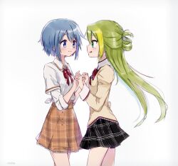 Rule 34 | 2girls, alina gray, black skirt, blonde hair, blue eyes, blue hair, blush, bow, bowtie, brown skirt, closed mouth, commission, cosplay, costume switch, eye contact, green hair, highres, holding hands, juliet sleeves, layered sleeves, long hair, long sleeves, looking at another, loose bowtie, mahou shoujo madoka magica, mantenz, miki sayaka, mitakihara school uniform, multicolored hair, multiple girls, plaid, plaid skirt, pleated skirt, puffy sleeves, red bow, red bowtie, sakae general school uniform, school uniform, second-party source, shirt, short hair, short over long sleeves, short sleeves, side-tie shirt, simple background, single hair ring, skirt, sleeves rolled up, smile, streaked hair, white background, white shirt
