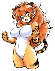 Rule 34 | 1girl, blush, breasts, cowboy shot, cropped legs, fang, furry, furry female, green eyes, large breasts, long hair, looking at viewer, navel, nude, open mouth, orange hair, original, oyatsu (mk2), simple background, solo, tiger, white background