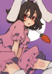 Rule 34 | 1girl, :o, absurdres, animal ears, arms between legs, blurry, brown hair, carrot necklace, commentary request, depth of field, dress, eyebrows hidden by hair, feet out of frame, flat chest, floppy ears, gradient background, hair between eyes, highres, inaba tewi, jewelry, leaning forward, moon, necklace, one-hour drawing challenge, open mouth, perspective, pink dress, prat rat, puffy short sleeves, puffy sleeves, rabbit ears, red eyes, short hair, short sleeves, simple background, sitting, socks, solo, touhou, white socks