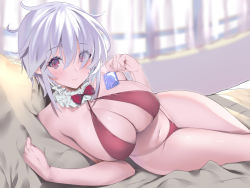 Rule 34 | 1girl, bad id, bad pixiv id, bare arms, bare shoulders, bed, bikini, blurry, blurry background, blush, bow, bowtie, breasts, choker, cleavage, closed mouth, commentary request, condom, condom wrapper, cowboy shot, criss-cross halter, curtains, eyes visible through hair, frilled choker, frills, groin, hair between eyes, hair over one eye, halterneck, hand up, highres, holding, holding condom, indoors, large breasts, looking at viewer, lying, navel, noto kurumi, on bed, on side, original, pillow, pillow grab, red bikini, red bow, red bowtie, red eyes, short hair, sidelocks, silver hair, solo, stomach, swimsuit, white choker
