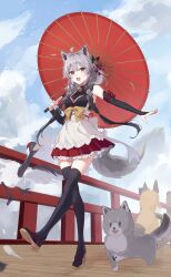 Rule 34 | 1girl, animal ears, bare shoulders, bell, bird, black thighhighs, blue sky, bow, braid, bridge, check copyright, cloud, copyright request, detached sleeves, dog, grey hair, hair bow, hair ornament, highres, holding, holding umbrella, looking at viewer, neck bell, oil-paper umbrella, open mouth, original, sky, slippers, smile, solo, tail, thighhighs, twin braids, umbrella, walking, yasaiseicat, yellow eyes