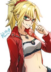 Rule 34 | 1girl, blonde hair, collarbone, crop top, dated, eyelashes, fate/apocrypha, fate (series), fingernails, fon-due (fonfon), green eyes, grin, jacket, jewelry, long sleeves, mordred (fate), mordred (memories at trifas) (fate), navel, necklace, ponytail, red-framed eyewear, red jacket, red scrunchie, scrunchie, shirt, smile, solo, white shirt