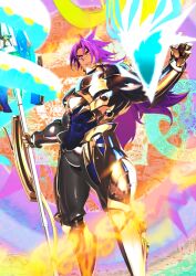 Rule 34 | 1boy, armor, bhima (fate), bhima (third ascension) (fate), fate/grand order, fate (series), gold armor, lance, long hair, looking at viewer, muscular, official art, pako (pakosun), polearm, purple hair, smile, staff, weapon