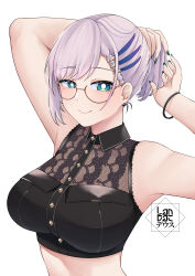 Rule 34 | 1girl, absurdres, aqua eyes, armpits, bare arms, bare shoulders, black shirt, blush, braided hair rings, breasts, bright pupils, closed mouth, commentary, cropped shirt, english commentary, glasses, green nails, grey hair, highres, hololive, hololive indonesia, impossible clothes, impossible shirt, landacdeus, large breasts, light blush, looking at viewer, nail polish, official alternate hair length, official alternate hairstyle, pavolia reine, pavolia reine (street), shirt, short hair, smile, solo, tying hair, virtual youtuber, white pupils
