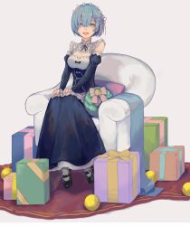 Rule 34 | 1girl, absurdres, apron, armchair, ball, bell, black dress, black footwear, black sleeves, blue bow, blue eyes, blue hair, bow, box, breasts, chair, christmas wreath, cleavage, commentary, cushion, detached sleeves, dress, english commentary, gift, gift box, grey background, grey pantyhose, hair ornament, hair over one eye, hair ribbon, hands on own thighs, highres, jingle bell, kaibab, long sleeves, looking at viewer, maid, mary janes, medium breasts, on chair, open mouth, pantyhose, pink bow, pink ribbon, re:zero kara hajimeru isekai seikatsu, red carpet, rem (re:zero), ribbon, roswaal mansion maid uniform, shoes, short hair, simple background, solo, striped bow, waist apron, white apron, wreath, x hair ornament