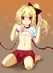 Rule 34 | 1girl, alternate costume, barefoot, blonde hair, blush, bust measuring, clothes lift, female focus, flandre scarlet, flat chest, gym shorts, gym uniform, harry (namayake), kneeling, measuring, mouth hold, navel, red eyes, shirt lift, shorts, side ponytail, solo, tape measure, touhou, wings