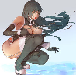 Rule 34 | 1girl, bad id, bad pixiv id, bare shoulders, black eyes, black gloves, black hair, braid, breasts, breasts out, chinese clothes, crown braid, full body, fur trim, gloves, head dog, high heels, large breasts, long hair, looking at viewer, nipple slip, nipples, open mouth, solo, squatting, torn clothes
