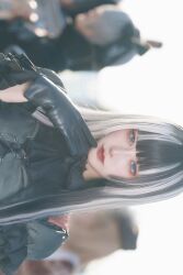 Rule 34 | 1girl, absurdres, ascot, black ascot, black dress, black gloves, black hair, blue eyes, blurry, blurry background, cosplay, cosplay photo, dress, gloves, grey hair, hand on own cheek, hand on own face, highres, hololive, hololive dev is, juufuutei raden, juufuutei raden (cosplay), long hair, looking at viewer, multicolored hair, photo (medium), portrait, red lips, sideways, solo, streaked hair, virtual youtuber, xxxuxx oxxo