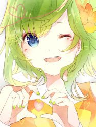 Rule 34 | 1girl, ;d, blue eyes, flower, green hair, gumi, hair flower, hair ornament, heart, heart hands, looking at viewer, nail polish, one eye closed, open mouth, short hair, smile, solo, tatsumi3, vocaloid, wink