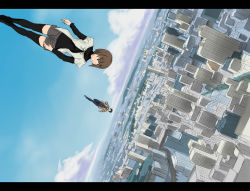 Rule 34 | 1boy, 1girl, anti-gravity, black thighhighs, brown hair, building, cityscape, cloud, day, dutch angle, floating, kumosuke, letterboxed, original, running, shorts, sky, skyscraper, sweater, thighhighs, walking, zettai ryouiki