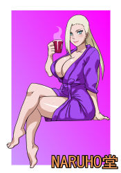Rule 34 | 1girl, armpits, bathrobe, blonde hair, blue eyes, blush, breasts, cleavage, coffee cup, cup, curvy, disposable cup, highres, huge breasts, large breasts, long hair, looking at viewer, naruho, naruto, naruto (series), navel, ponytail, smile, solo, tongue, tongue out, wet, wide hips, yamanaka ino
