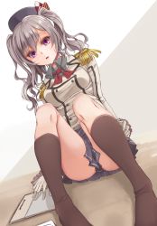 Rule 34 | 10s, 1girl, absurdres, arms at sides, black socks, breasts, clothes between thighs, epaulettes, female focus, gloves, hat, highres, kantai collection, kashima (kancolle), kneehighs, large breasts, long hair, looking at viewer, medium breasts, military, military uniform, miniskirt, mizuiro raika, purple eyes, silver hair, sitting, skirt, socks, solo, sweat, twintails, uniform, wavy hair, white gloves, wing collar