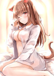 Rule 34 | 1girl, animal ears, ayachanman, bed, bed sheet, blurry, blurry background, borrowed clothes, breasts, brown hair, cat ears, cat girl, cat tail, cleavage, closed mouth, collared shirt, commentary request, dress shirt, highres, long hair, medium breasts, navel, on bed, one eye closed, original, red eyes, rubbing eyes, shirt, sidelocks, sitting, solo, tail, waking up, wariza, white shirt