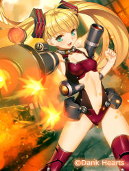 Rule 34 | 1girl, :d, blonde hair, breasts, cleavage, floating hair, green eyes, leotard, long hair, looking at viewer, mecha musume, midriff, navel, open mouth, red thighhighs, revealing clothes, small breasts, smile, solo, standing, stomach, thighhighs, twintails, very long hair, weapon girls, yangsion