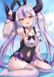 Rule 34 | 1girl, :d, animal ears, arm up, bare shoulders, black hairband, black leotard, blush, clothing cutout, demon horns, detached sleeves, extra ears, fake animal ears, frilled leotard, frills, grey hair, hair between eyes, hairband, highres, hololive, horns, la+ darknesss, leotard, long hair, looking at viewer, multicolored hair, navel, navel cutout, open mouth, pointy ears, purple hair, rabbit ears, sitting, smile, solo, streaked hair, thighhighs, twintails, very long hair, virtual youtuber, wariza, white thighhighs, yellow eyes, yuano