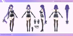 Rule 34 | 0jae, 1girl, absurdres, alternate costume, asymmetrical legwear, bare shoulders, black footwear, black gloves, black ribbon, black shorts, black thighhighs, boots, braid, character name, character sheet, closed mouth, cross-laced clothes, cross-laced footwear, elbow gloves, full body, genshin impact, gloves, hair ornament, hair ribbon, highres, jewelry, knee boots, long hair, looking at viewer, mole, mole under eye, moon (ornament), multiple rings, multiple views, over-kneehighs, parted lips, purple eyes, purple hair, raiden shogun, ribbon, ring, shorts, simple background, smile, standing, thighhighs