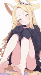 Rule 34 | 1girl, absurdres, animal ear fluff, animal ears, bare legs, barefoot, black shirt, blonde hair, blue archive, blush, dress shirt, feet, forehead, fox ears, halo, highres, hiroikara (smhong04), long hair, looking at viewer, naked shirt, seia (blue archive), shirt, simple background, sitting, sleeves past fingers, sleeves past wrists, soles, solo, toes, very long hair, white background, yellow eyes, yellow halo