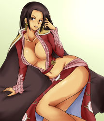 Rule 34 | black eyes, black hair, blush, boa hancock, breasts, cape, cleavage, earrings, covered erect nipples, huge breasts, jewelry, long hair, lying, midriff, momo 765, navel, on side, one piece, open clothes, open shirt, rirakukan, shirt, smile