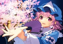 Rule 34 | 1girl, beckoning, blue bow, blue hat, blue kimono, blue sleeves, bow, cherry blossoms, collar, commentary request, eyelashes, fingernails, folding fan, frilled collar, frilled garter, frilled hat, frilled kimono, frilled sleeves, frills, hand fan, hat, high collar, holding, holding fan, japanese clothes, kapuchii, kimono, long sleeves, looking at viewer, medium hair, mob cap, night, night sky, open mouth, outdoors, outstretched hand, pink eyes, pink hair, ribbon-trimmed collar, ribbon trim, saigyouji yuyuko, sky, sleeve bow, sleeve garter, smile, solo, touhou, tree, triangular headpiece, upper body, white collar, wide sleeves