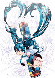 Rule 34 | 1girl, aqua eyes, aqua hair, detached sleeves, earmuffs, from above, hatsune miku, heart, heart hair, highres, long hair, looking up, necktie, open mouth, outstretched arm, skirt, snowboard, snowflakes, solo, thighhighs, torigoe takumi, twintails, very long hair, vocaloid