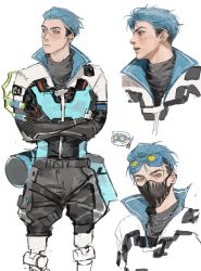 Rule 34 | 1boy, absurdres, alternate hair color, apex legends, balisong, black jacket, black shorts, black sweater, blue eyes, blue hair, blue jacket, butterfly knife (apex legends), cable, chinese commentary, crossed arms, goggles, goggles on head, green eyes, hair behind ear, head tilt, helmet, highres, jacket, kiiwy, knife, looking at viewer, looking to the side, male focus, mask, mechanical legs, motorcycle helmet, mouth mask, multicolored clothes, multicolored jacket, multiple views, octane (apex legends), official alternate costume, open mouth, realistic, shorts, sketch, sweater, the victory lap octane, undercut, white jacket