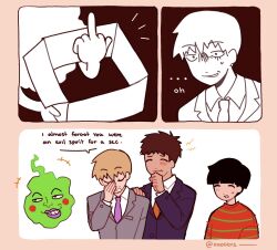 Rule 34 | 3boys, artist name, black hair, blonde hair, blunt bangs, blush, brown hair, buttoned cuffs, buttons, christmas sweater, closed eyes, closed mouth, collared shirt, comic, commentary, ekubo (mob psycho 100), english commentary, english text, formal, hand on own face, highres, holding, kageyama shigeo, kaogens, long sleeves, male focus, middle finger, mob psycho 100, multiple boys, necktie, open mouth, purple necktie, red sweater, reigen arataka, serizawa katsuya, shirt, short hair, simple background, smile, speech bubble, spirit, suit, sweater, upper body, white background, white shirt
